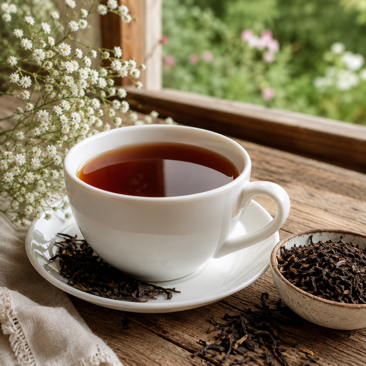 A white ceramic teacup filled with amber tea sits on a matching saucer on a rustic wooden table, with loose tea leaves scattered around and a small bowl of tea leaves to the right. 