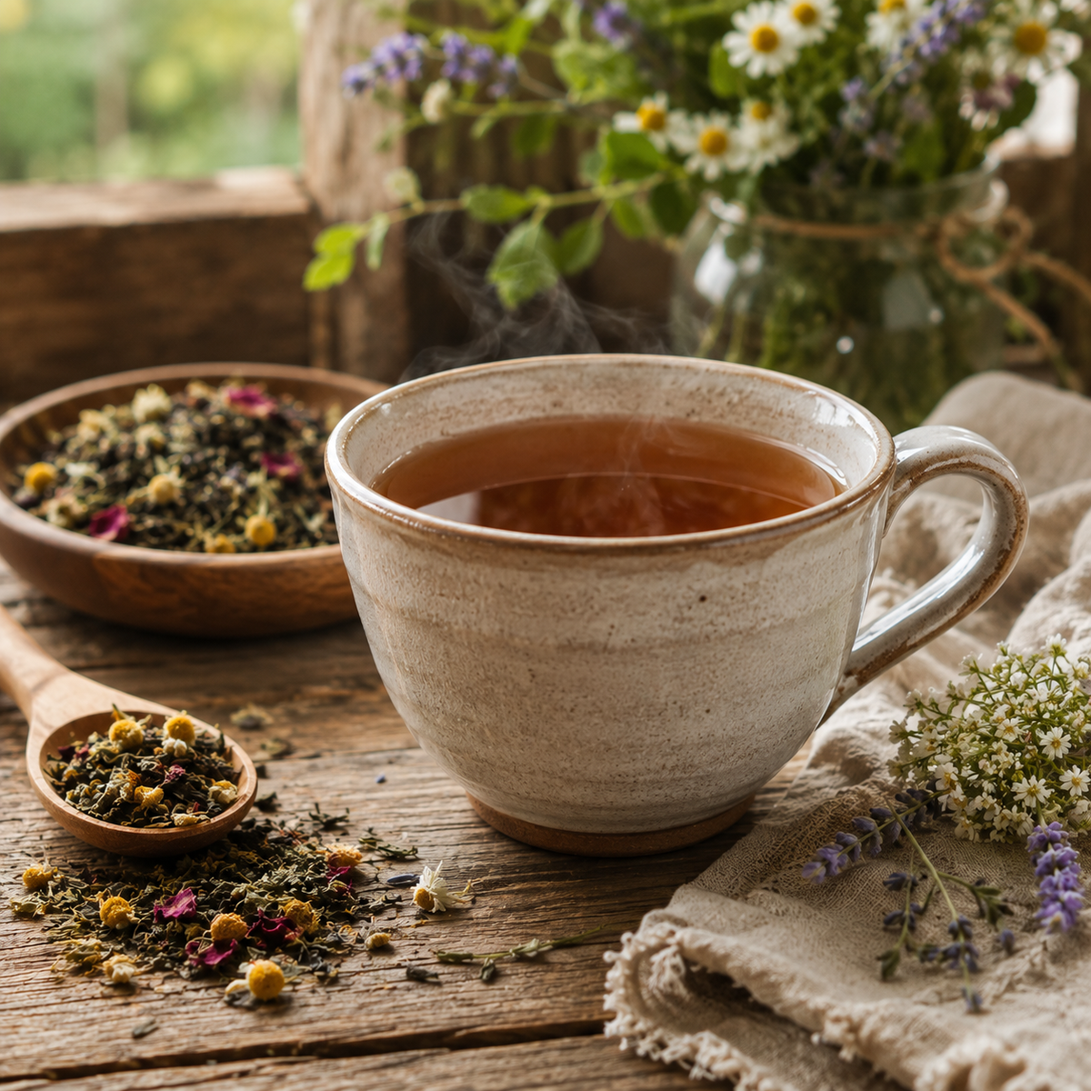 A rustic ceramic mug filled with steaming tea sits on a wooden table, surrounded by loose-leaf herbal tea, a small wooden spoon, and a vase of wildflowers in a softly lit setting.