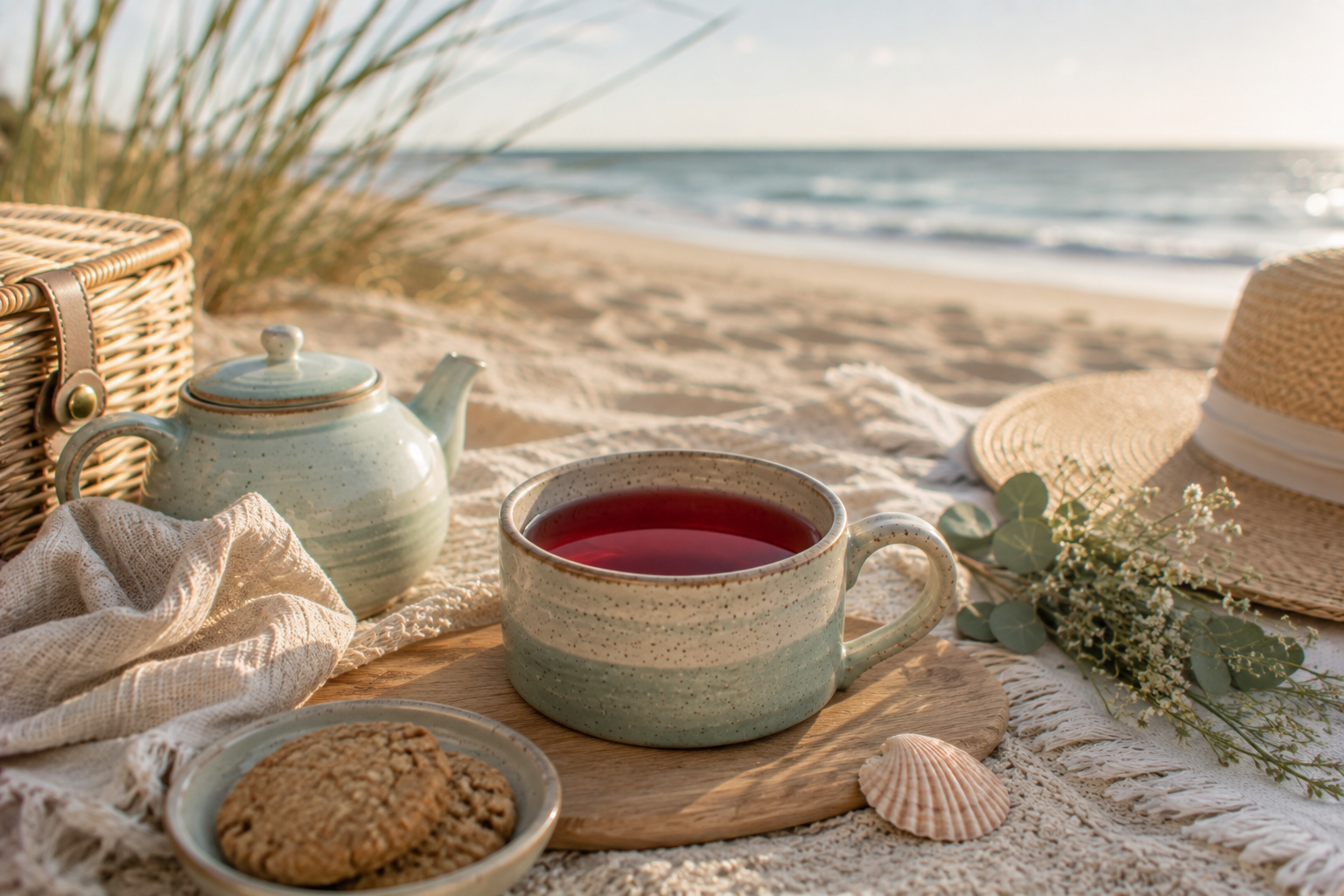 A ceramic mug filled with red tea sits on a beach blanket on a sandy beach, alongside a matching light green teapot, cookies in a small dish, a woven basket, a straw hat, and eucalyptus flowers.