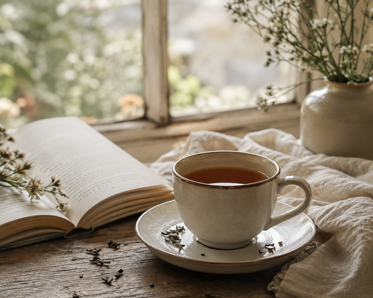 Cup of tea on a desk next to a window with a book and plants faded in the background
