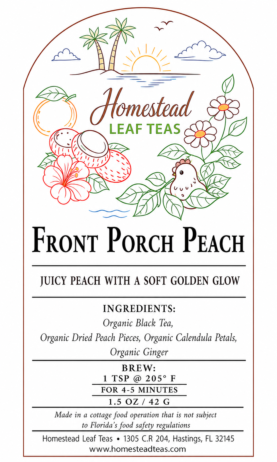Front label of Homestead Leaf Teas 'Front Porch Peach' tea, featuring a peach-themed illustration with palm trees, flowers, and a bird inside an arched white card design with black text.