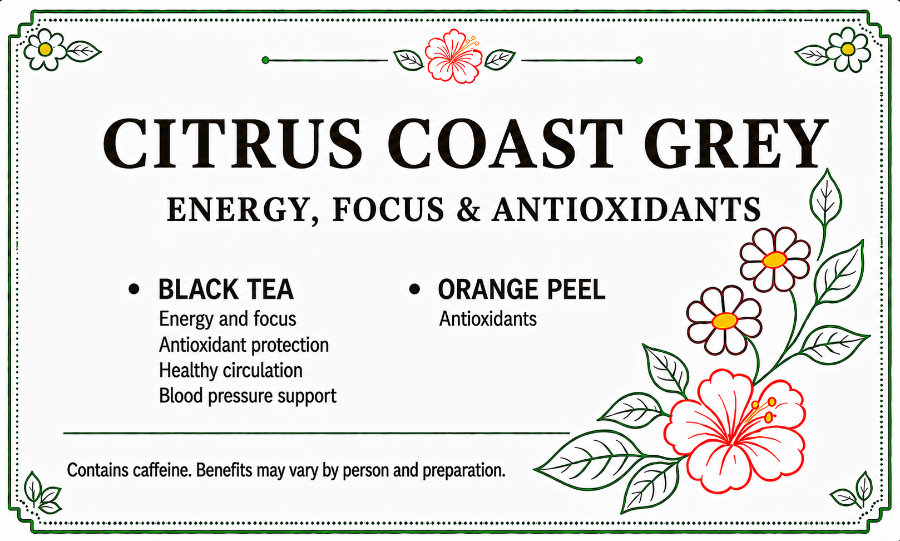 A product information card for 'Citrus Coast Grey' tea blend. The card features a white background with a decorative border, black and red text, and illustrations of hibiscus flowers and leaves.