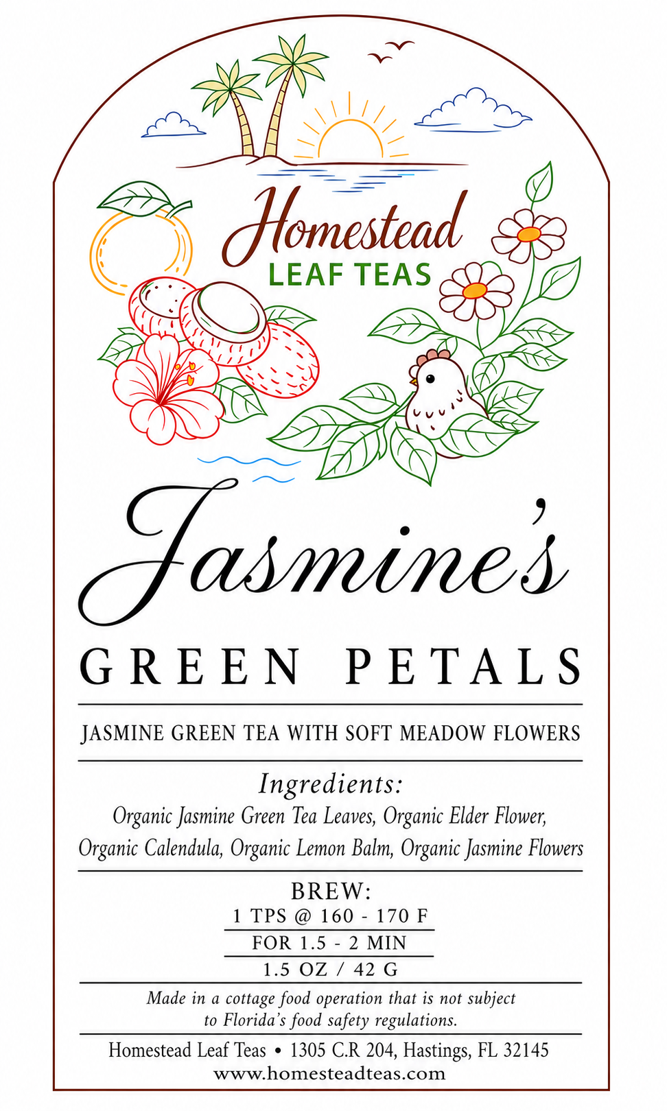 Front label of Homestead Leaf Teas Jasmine's Green Petals tea, featuring an arched white design with red border lines, hand-drawn tropical illustrations of hibiscus flowers, a coconut, a lemon, and a bird, and black and green text detailing the product and brewing instructions.