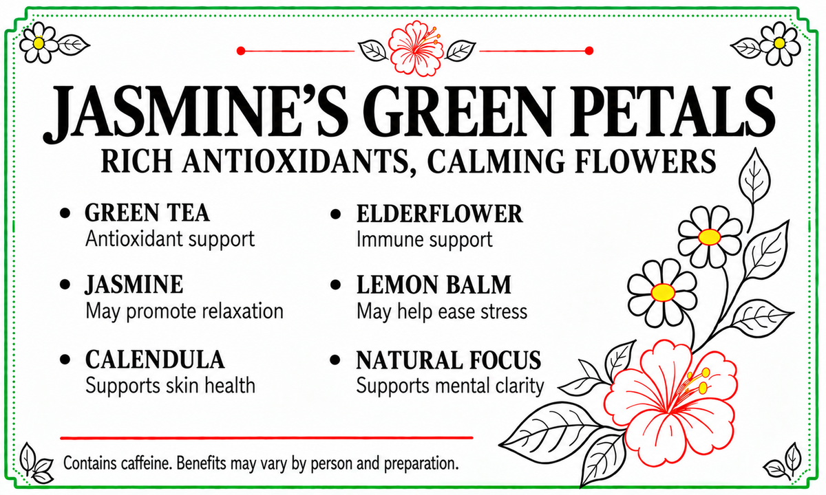 An informational graphic titled 'JASMINE'S GREEN PETALS' with decorative floral line art and text listing benefits such as green tea antioxidant support, jasmine relaxation, calendula skin health, elderflower immune support, lemon balm stress relief, and natural focus.