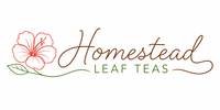A logo for 'Homestead Leaf Teas' on a white background, featuring a red hibiscus flower with a green stem on the left, brown cursive script for 'Homestead', and green block text for 'LEAF TEAS'.