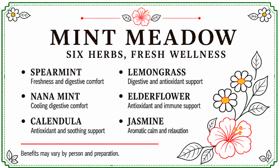 A flat informational graphic for Mint Meadow herbal product. The white card has a green border, black headline text reading 'MINT MEADOW' and 'SIX HERBS, FRESH WELLNESS,' and lists six ingredients with benefits: spearmint, nana mint, calendula, lemongrass, elderflower, and jasmine.