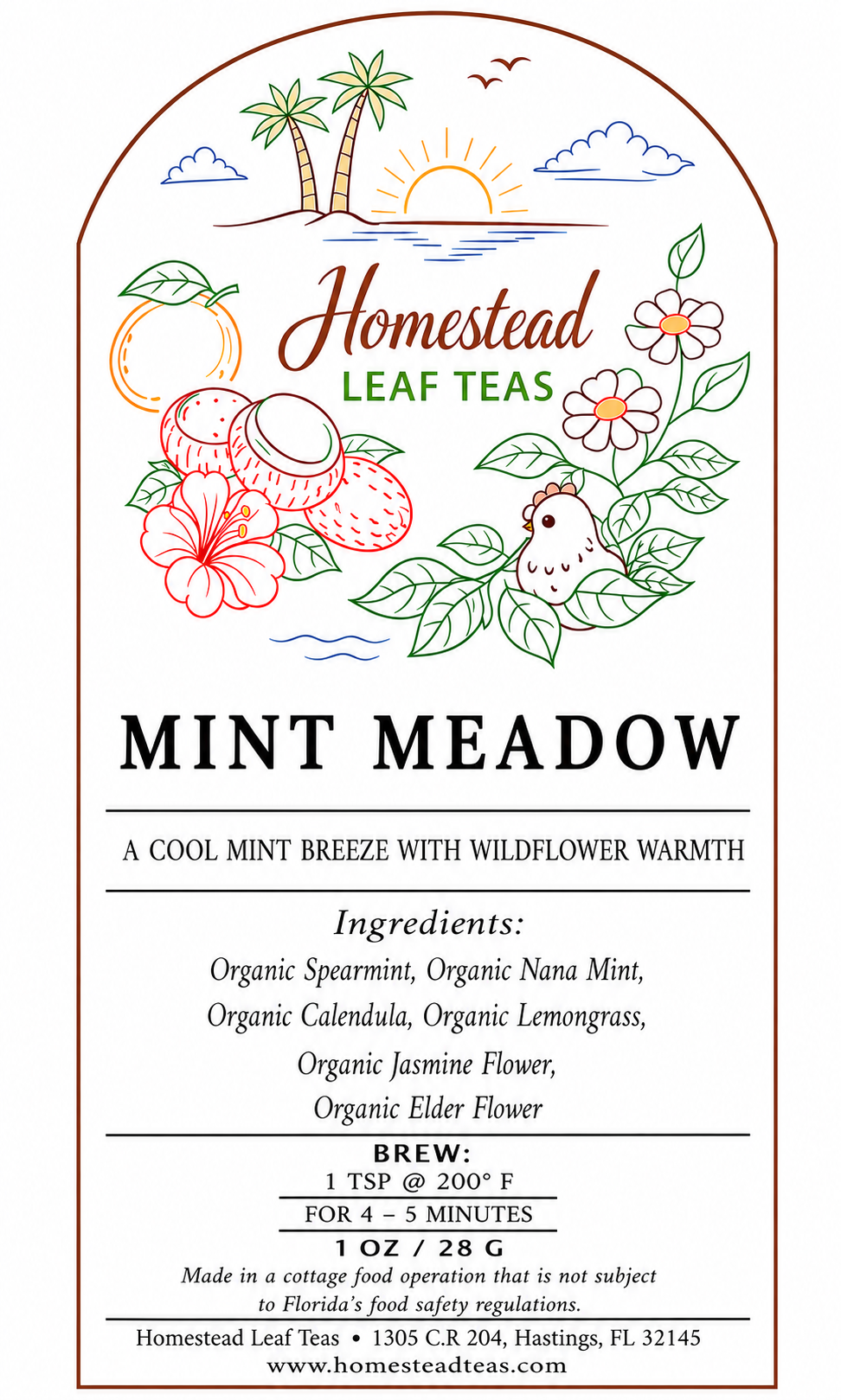 Front label of Homestead Leaf Teas Mint Meadow tea, featuring a white background with a decorative arched border, illustrations of tropical fruits, flowers, leaves, and a bird, and product text detailing ingredients and brewing instructions.