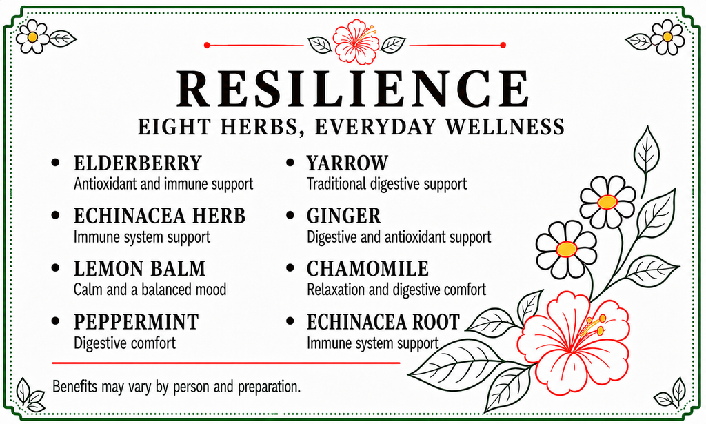 An informational graphic titled 'RESILIENCE' with the subtitle 'EIGHT HERBS, EVERYDAY WELLNESS.' It lists eight herbs and their benefits in a bulleted layout: elderberry, echinacea herb, lemon balm, peppermint, yarrow, ginger, chamomile, and echinacea root.