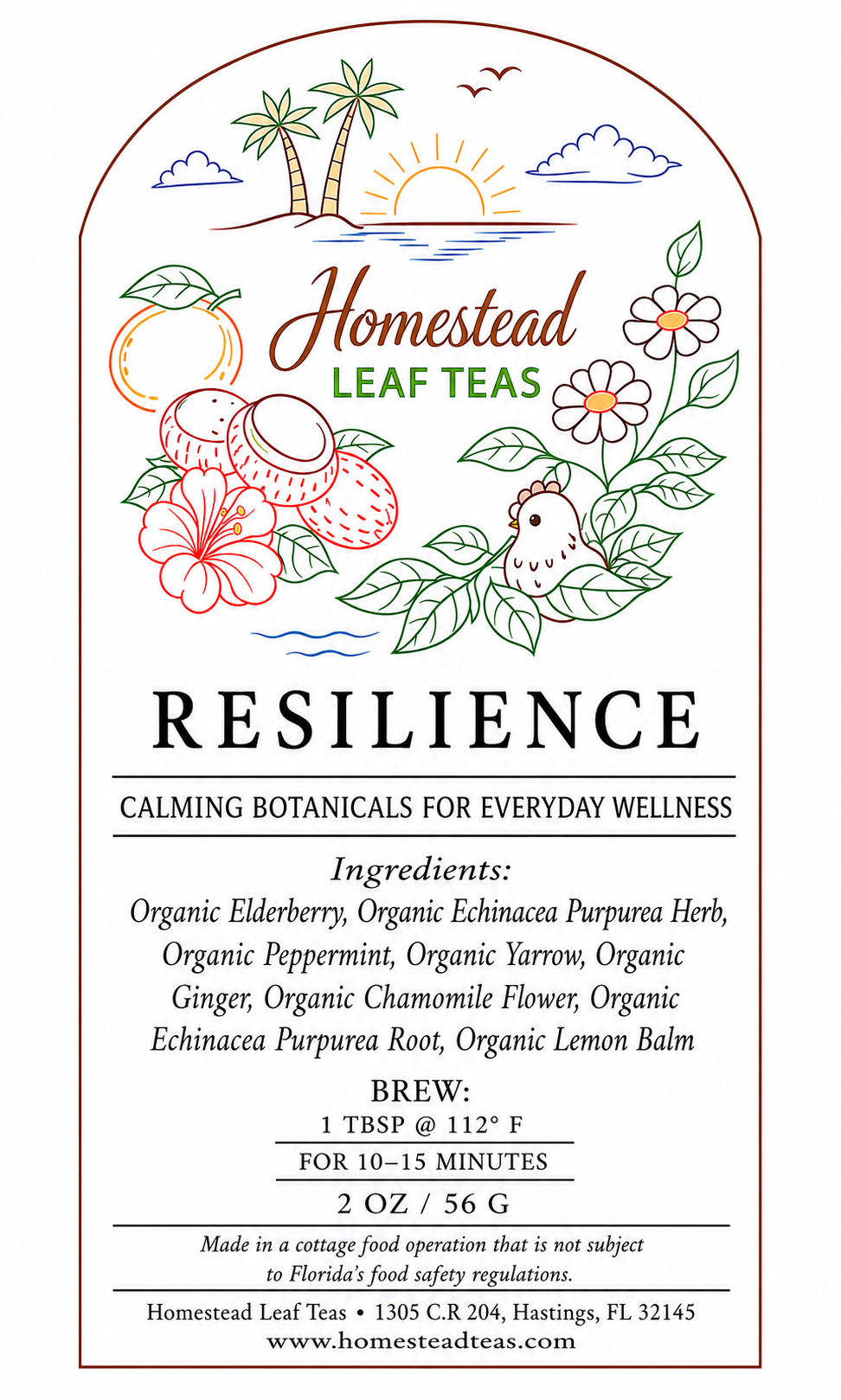 Front label of a Homestead Leaf Teas tea product, featuring an arched design with tropical illustrations including palm trees, a sun, flowers, leaves, and a small bird. The label reads 'Homestead Leaf Teas,' 'RESILIENCE,' and includes brewing instructions and ingredients listed below.