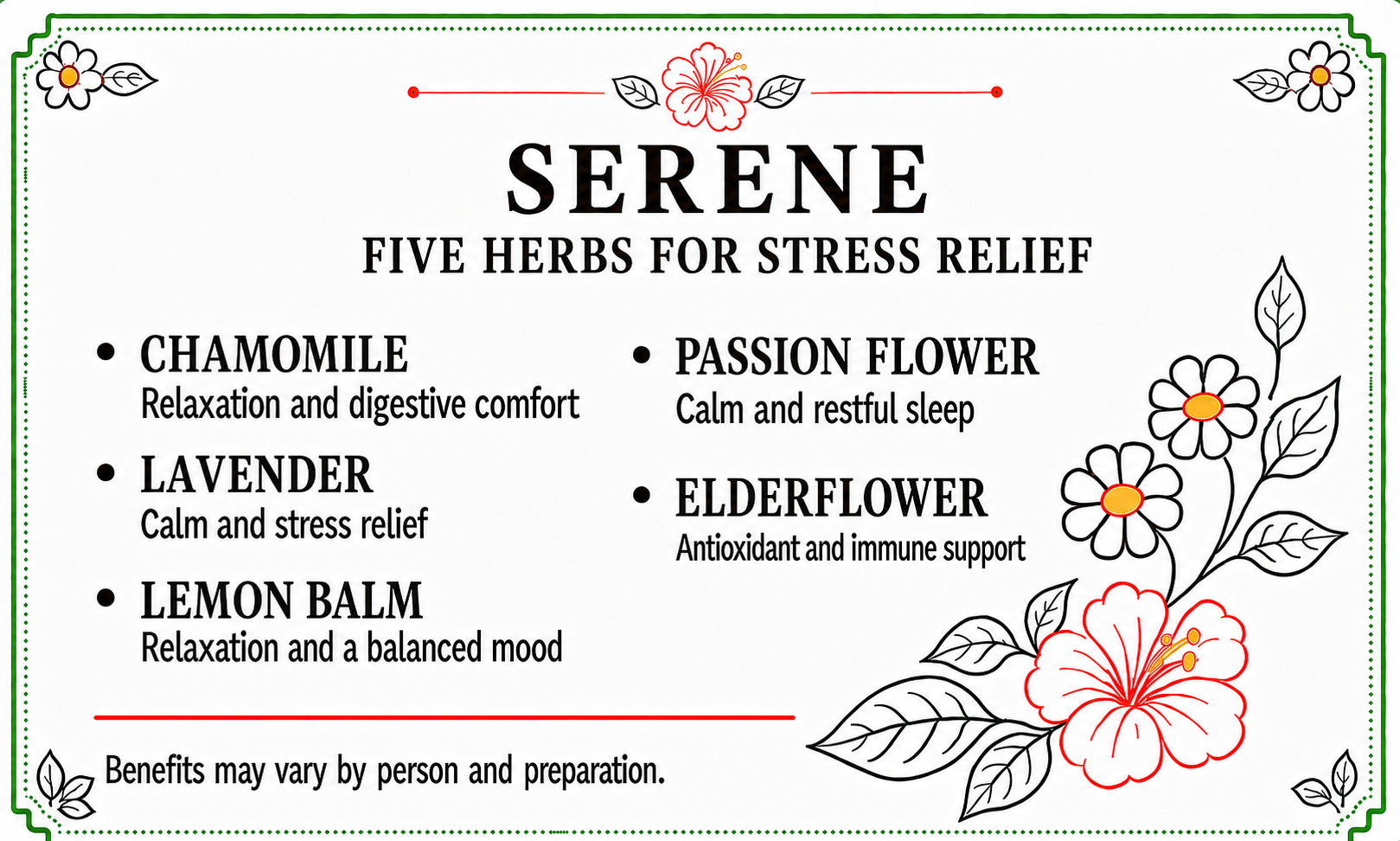 An informational graphic titled 'SERENE' with the subtitle 'FIVE HERBS FOR STRESS RELIEF.' It lists chamomile, lavender, lemon balm, passion flower, and elderflower with brief benefit statements.