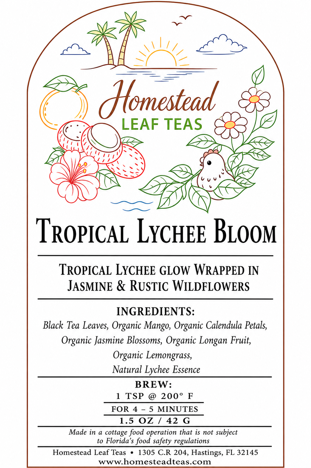Front label of Homestead Leaf Teas Tropical Lychee Bloom tea, featuring tropical illustrations of lychees, flowers, a bird, and palm trees on a white background with black text.