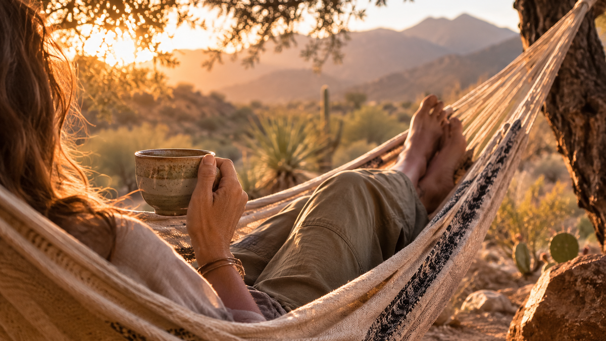 A person relaxes in a woven hammock outdoors at sunset, holding a ceramic mug. The hammock is strung between two trees, with a desert landscape, mountains, and warm golden light in the background. Connection to teaandhammock.com